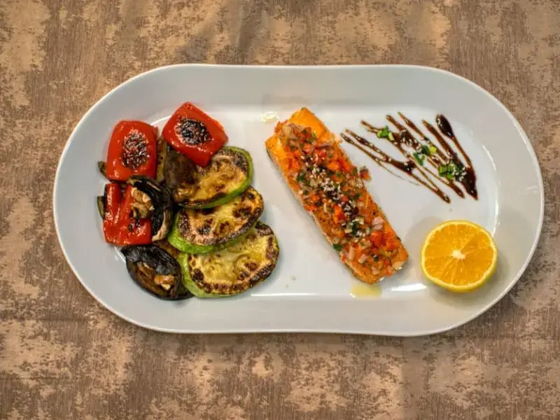Baked Fish with Roasted Vegetables & Rice