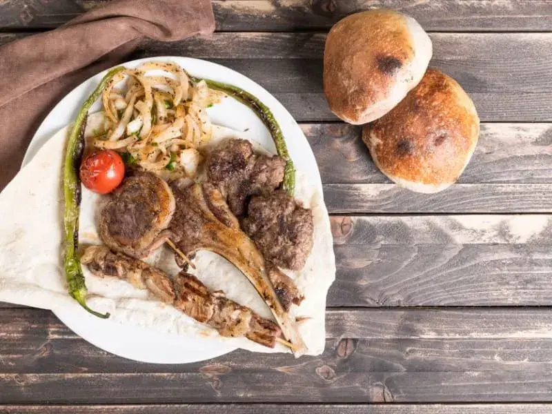 Lamb Kebab with Roasted Vegetables & Yogurt